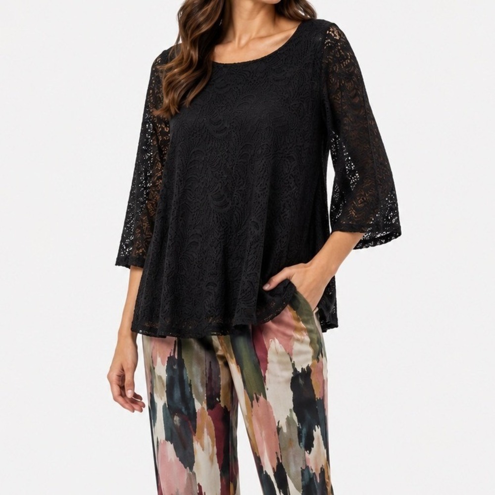 Roz & Ali Lace Blouse Women Small Black Bow Back Career Casual